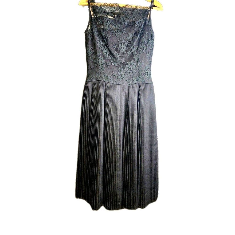VTG Carlye Black Lace Pleated Midi Dress ILGWU Union Made XS 2 4 Cocktail